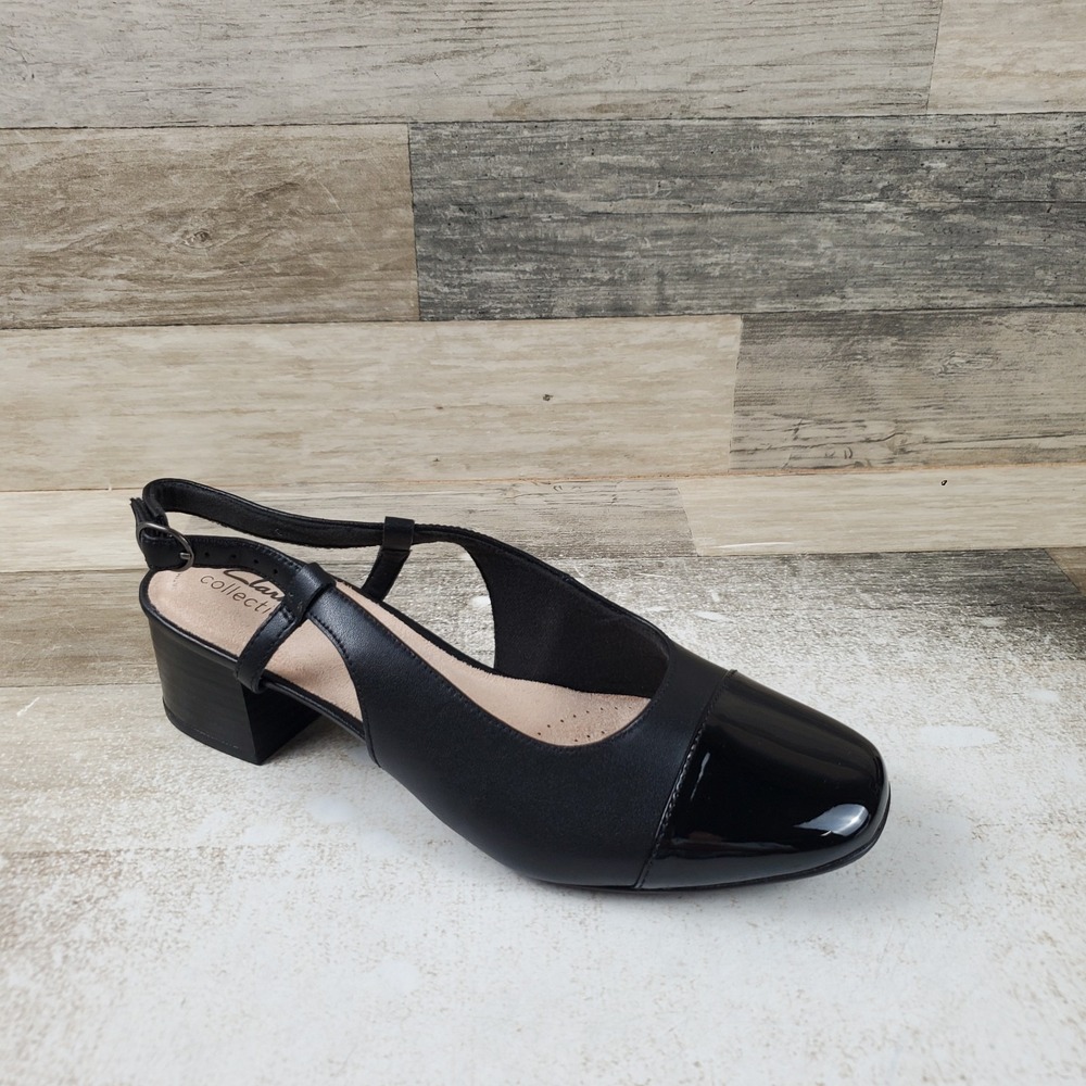 Clarks Marilyn Rose Womens Pump Sz 8 M Black Slingback Block Heel Cap Closed Toe